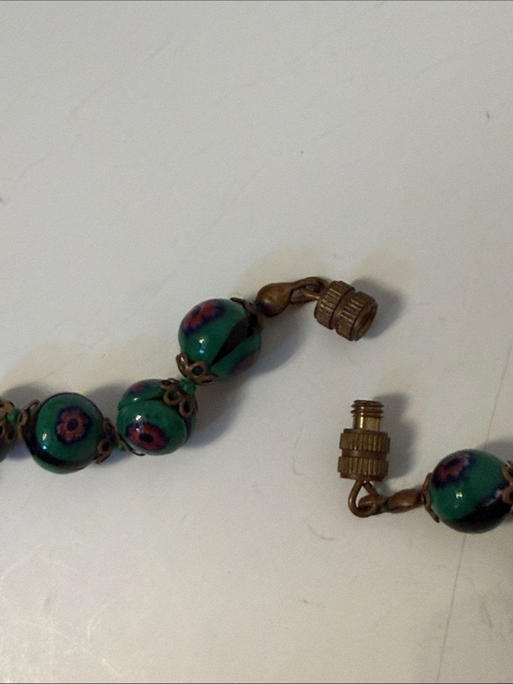 VINTAGE GREEN MURANO OR VENETIAN MILLEFIORI GLASS BEADS NECKLACE EYE FLORAL 17” - Picture 9 of 11